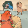Ilustration aus dem suchtpräventiven Serious Game "Flieg, Dino". Zu sehen ist ein wütender erwachsener Dino im Vordergrund mit einer Bierflasche in der Hand. Im Hintergrund sind ein trauriger, erwachsener und zwei ängstliche, junge Dinos zu sehen.