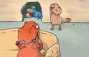 Ilustration aus dem suchtpräventiven Serious Game "Flieg, Dino". Zu sehen ist ein wütender erwachsener Dino im Vordergrund mit einer Bierflasche in der Hand. Im Hintergrund sind ein trauriger, erwachsener und zwei ängstliche, junge Dinos zu sehen.