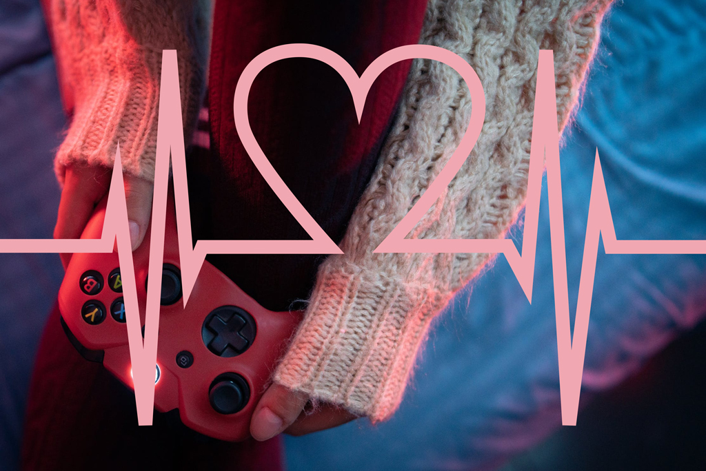 Beitragsbild für Health Games Blog Beitrag. Person hält Controller in der Hand. Im Vordergrund EKG mit einem Herzsymbol.