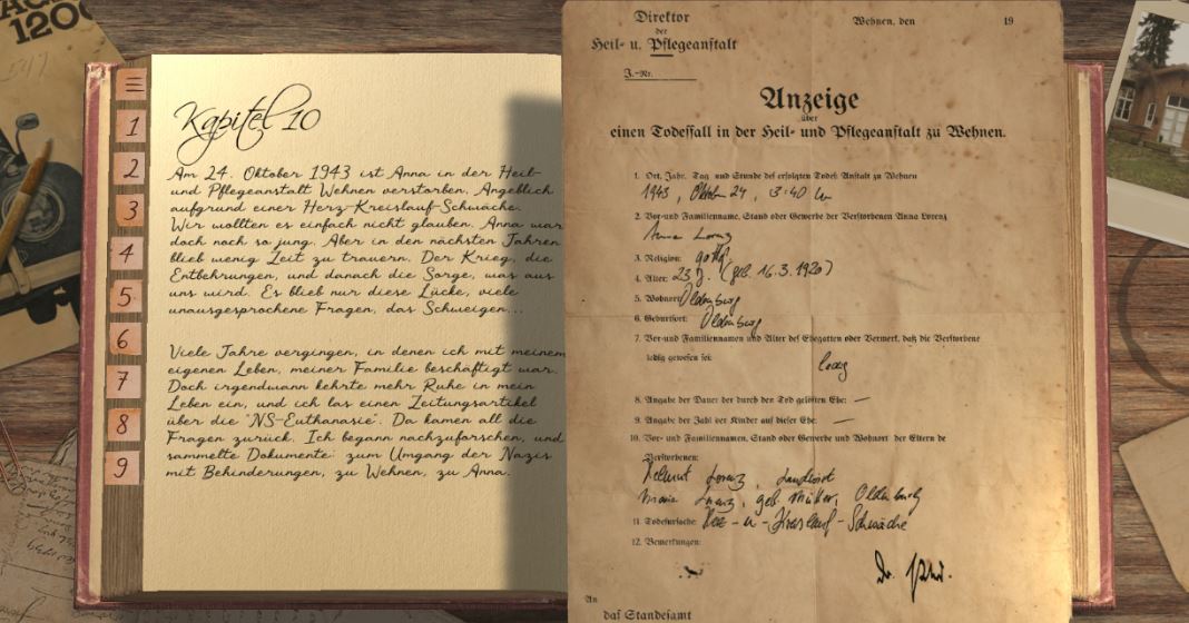 Screenshot aus dem Spiel "Spuren auf Papier", einem Spiel über die Krankenmorde während der NS Zeit. Aufgeschlagenes Buch, darin ein aufgefaltetes Dokument "Anzeige über einen Todesfall in der Heil- und Pflegeanstalt zu Wehnen", darauf die Daten von Anna Lorenz.