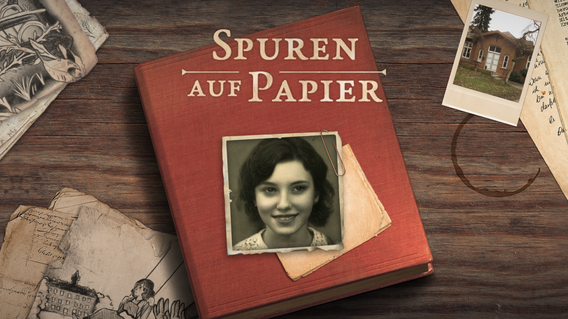 Screenshot aus dem Spiel "Spuren auf Papier", einem Spiel über die Krankenmorde während der NS Zeit. Tisch mit Tagebuch, darauf Photo eines jungen Mädchens. Auf dem Tisch liegen Photos und Zeichnungen.