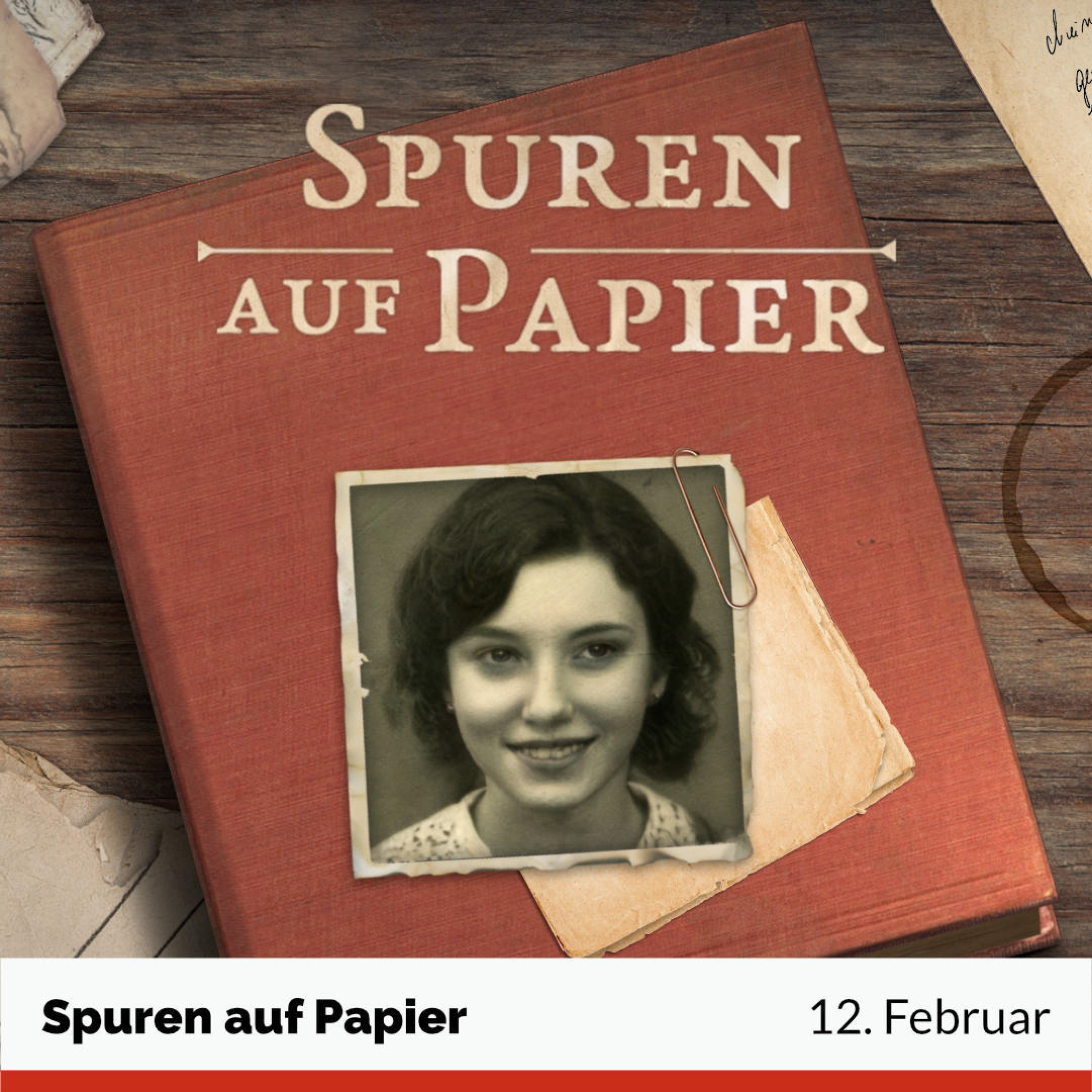 Spuren auf Papier - Veröffentlich am 12. Februar. Bild vom Startscreen mit Titel, Schreibtisch, Buch und einem Photo von einem Mädchen.