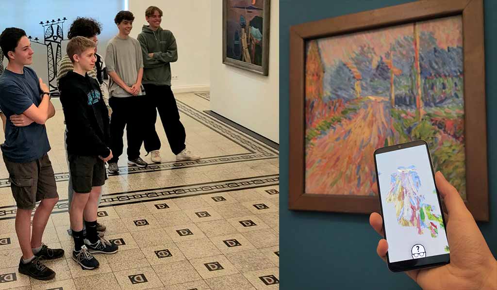 Geteiltes Photo: Links Schüler schauen sich gerade Werke von Rottluff im Museum an. Rechts Bild "Gartenstraße" in Spiel und im Museum.