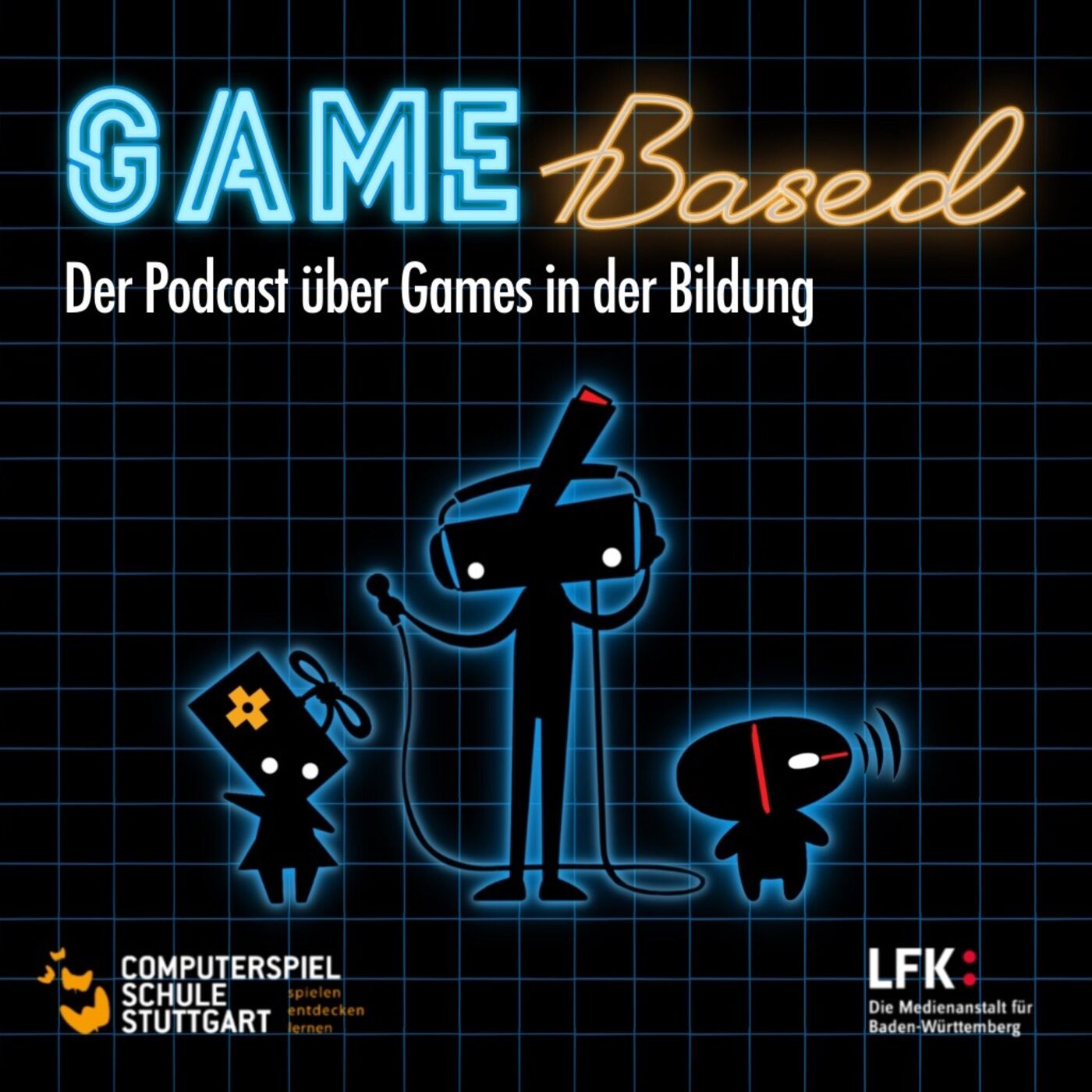 Podcast Game Based Titelbild mit Logo Computerspielschule Stuttgart und LFK
